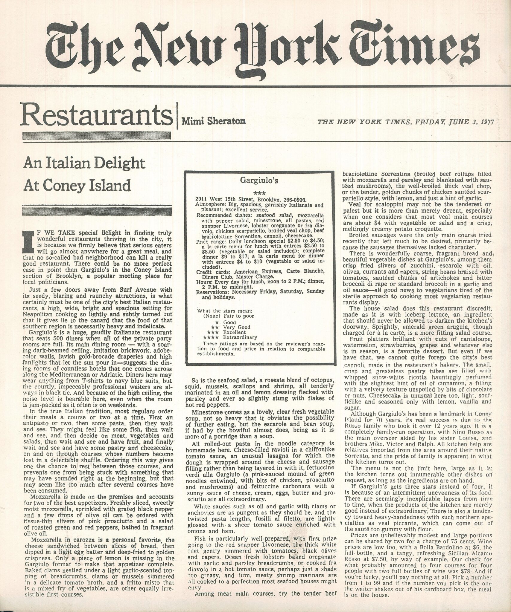 Mimi Sheraton Article A key turning point in Gargiulo's History -3 stars from the NYT